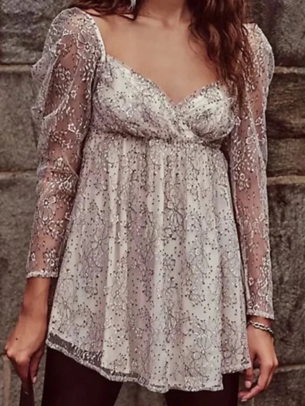 Free People Heavenly Sheer Lace Babydoll Tunic/Mini Dress Sz M Boho Y2K
